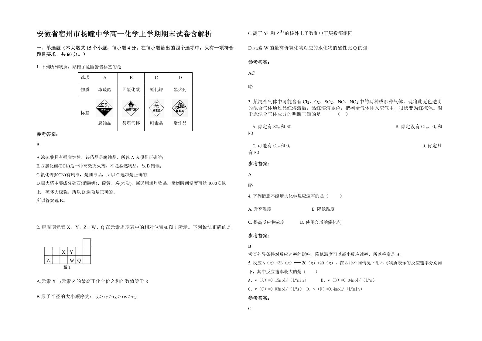 安徽省宿州市杨疃中学高一化学上学期期末试卷含解析