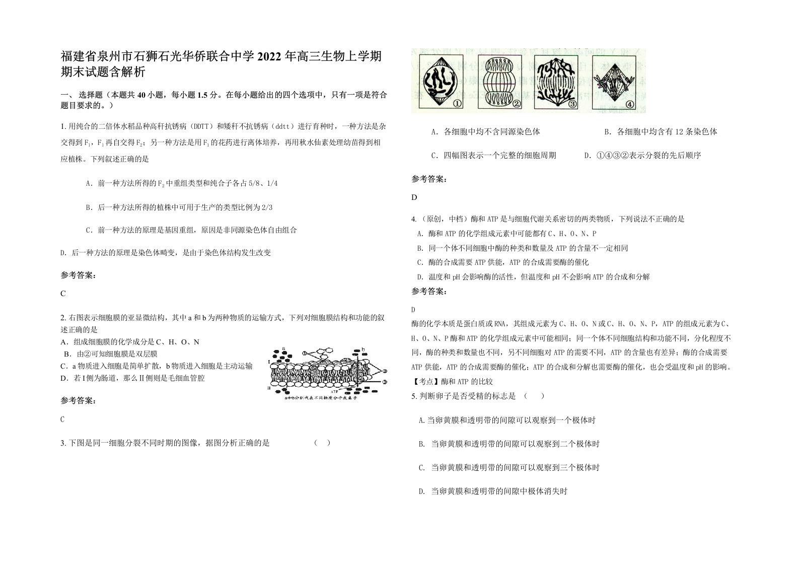 福建省泉州市石狮石光华侨联合中学2022年高三生物上学期期末试题含解析