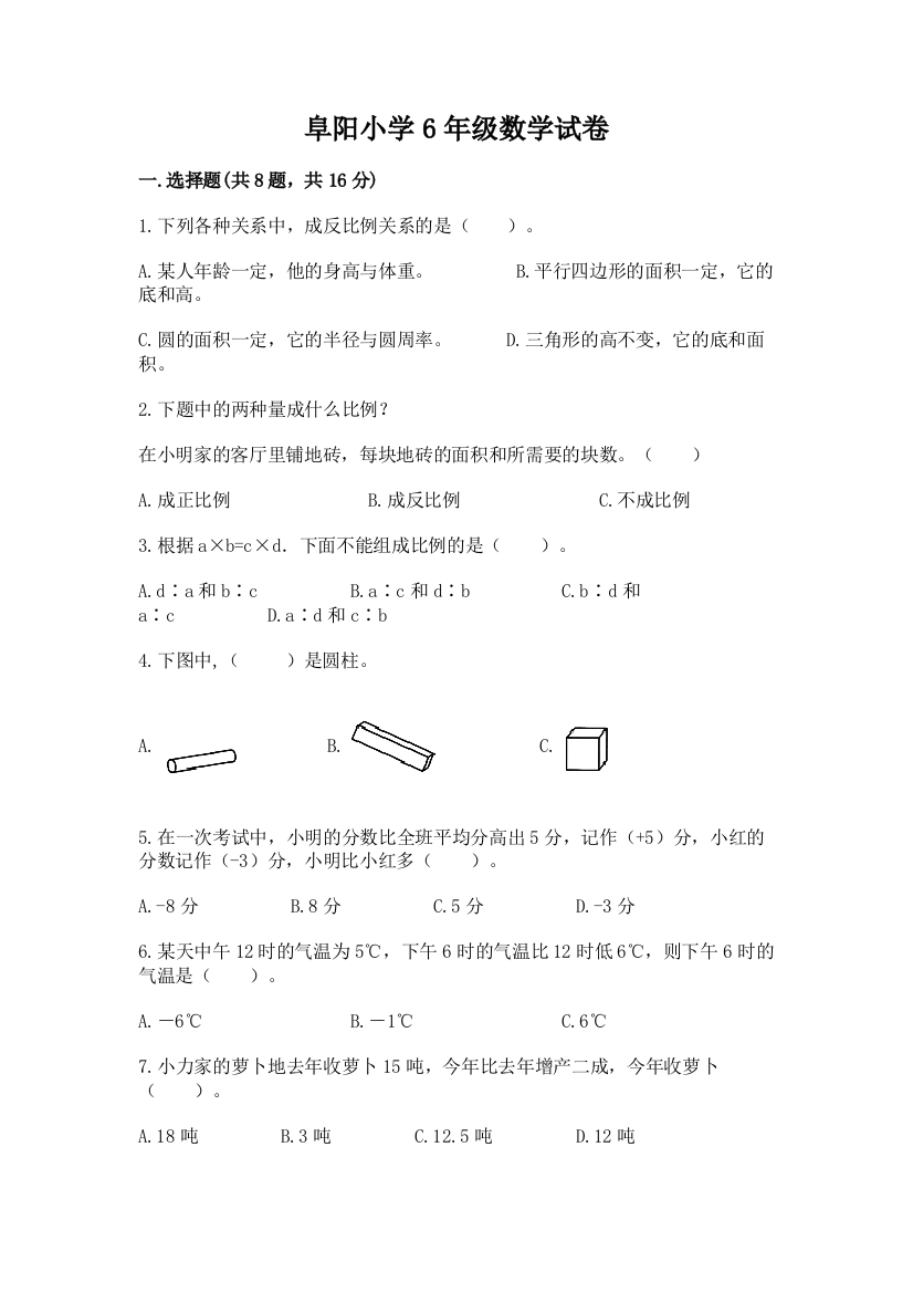 阜阳小学6年级数学试卷精品（典优）