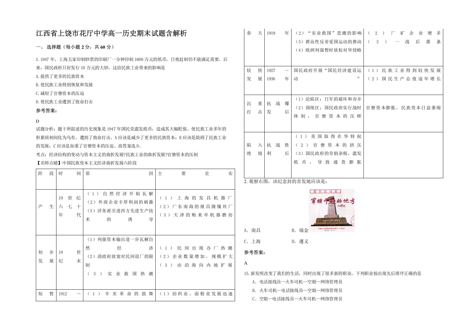 江西省上饶市花厅中学高一历史期末试题含解析