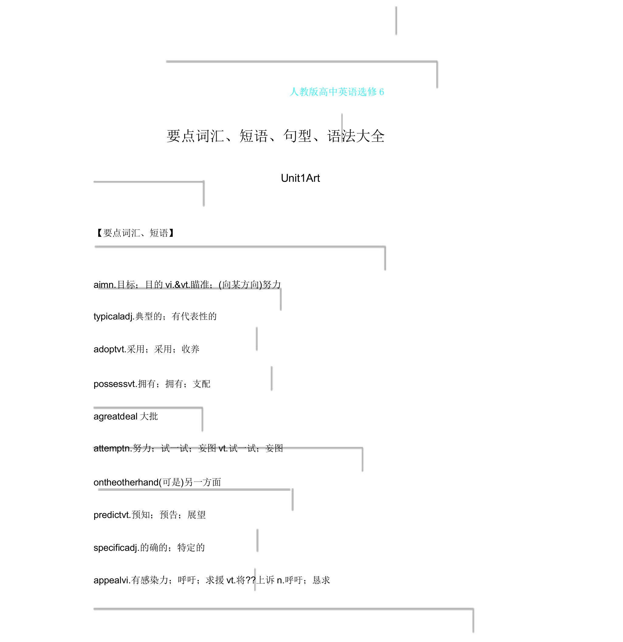 人教版高中英语选修6重点词汇短语句型语法总结计划大全