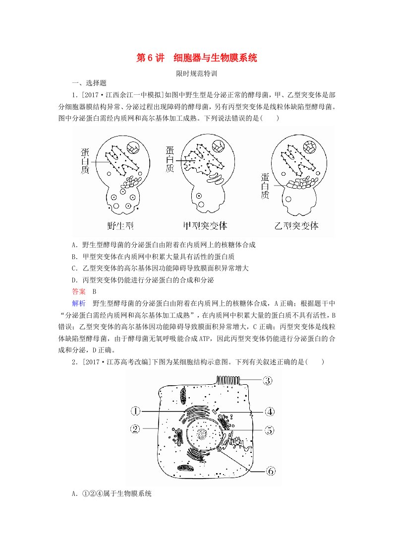 全国版高考生物一轮复习第6讲细胞器与生物膜系统限时规范特训