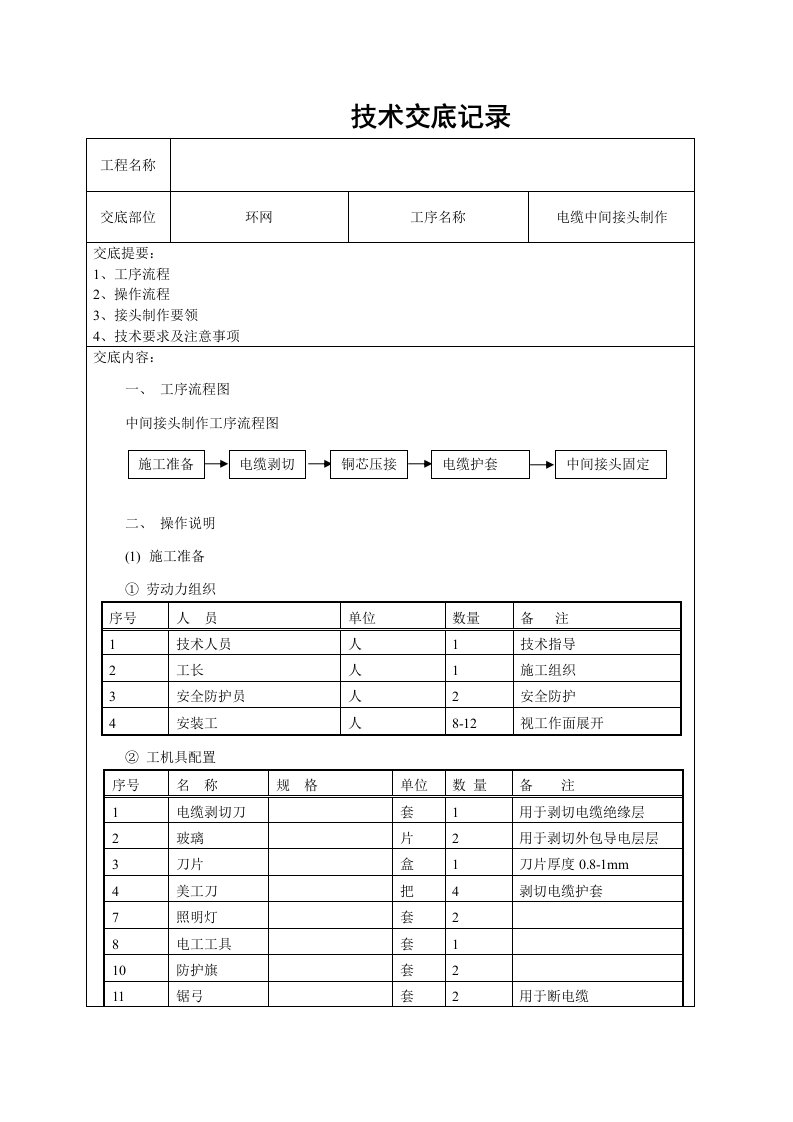 环网电缆35KV中间接头制作技术交底