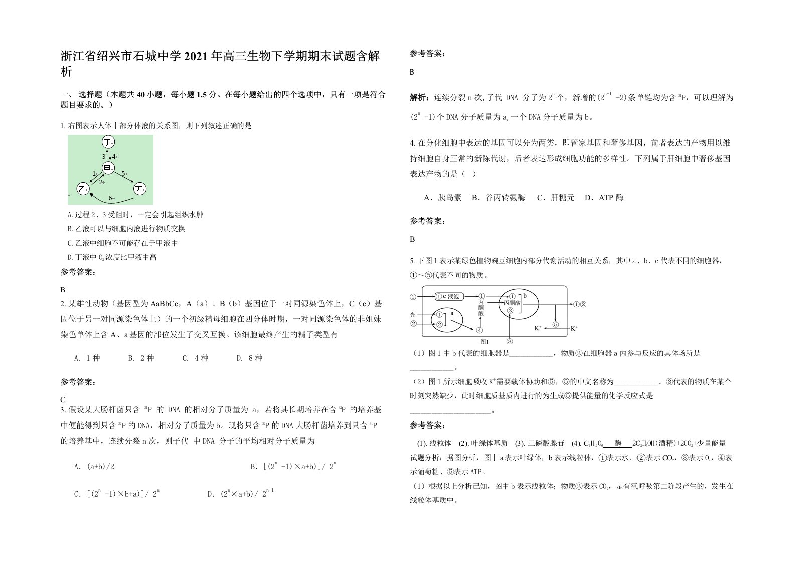 浙江省绍兴市石城中学2021年高三生物下学期期末试题含解析