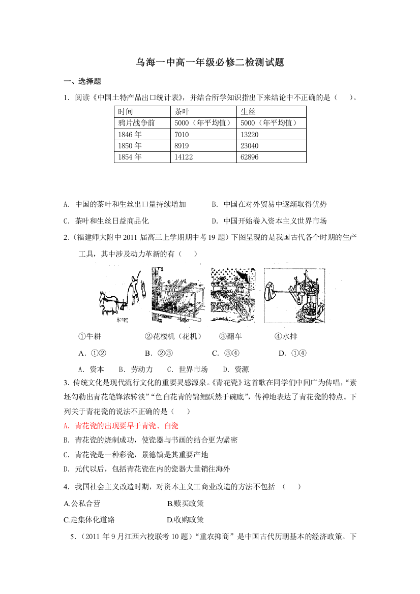 内蒙古乌海一中2013-2013学年高二下学期月考历史试题