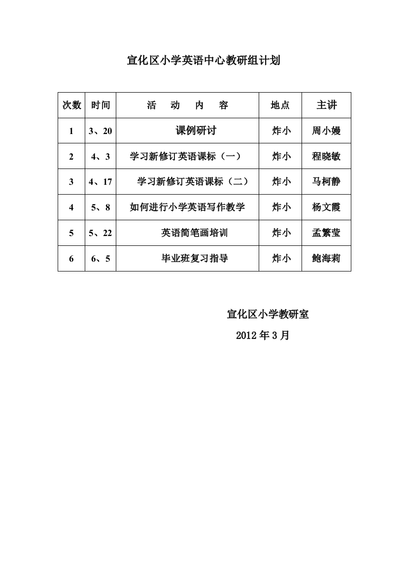 宣化区小学英语中心教研组计划