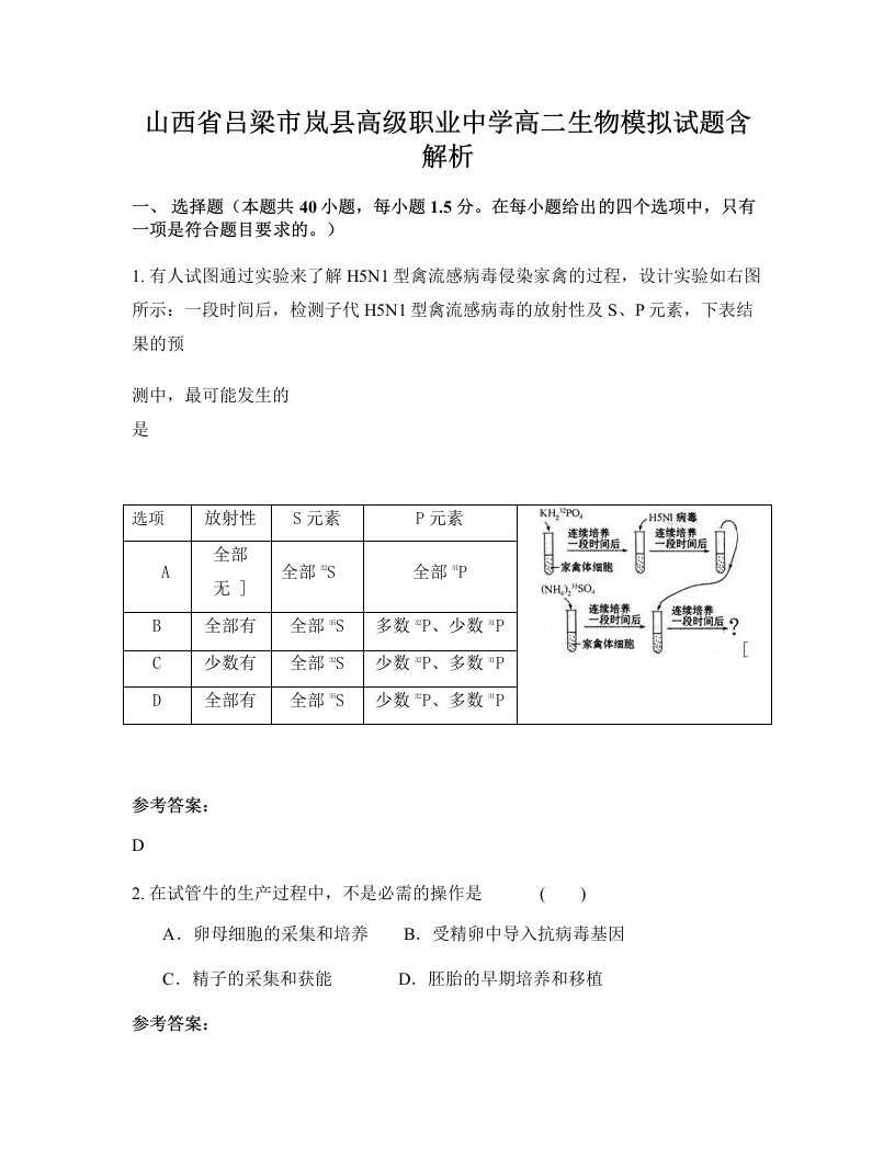 山西省吕梁市岚县高级职业中学高二生物模拟试题含解析