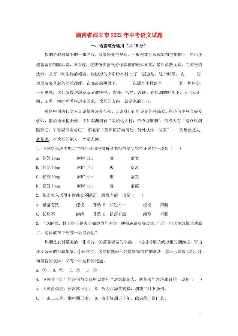 湖南省邵阳市2022年中考语文试题含解析