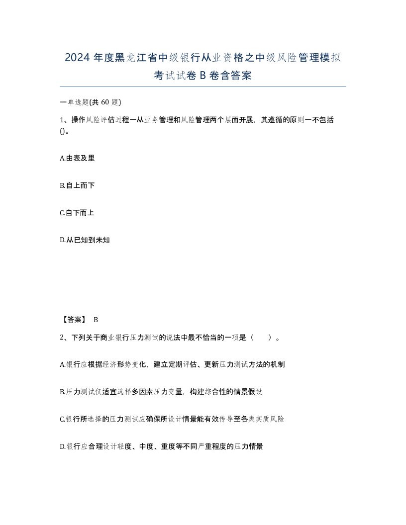 2024年度黑龙江省中级银行从业资格之中级风险管理模拟考试试卷B卷含答案