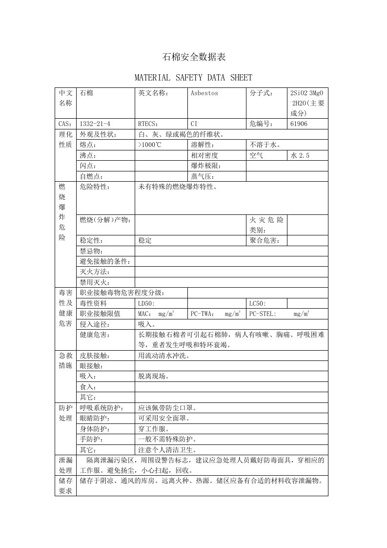 石棉安全数据表