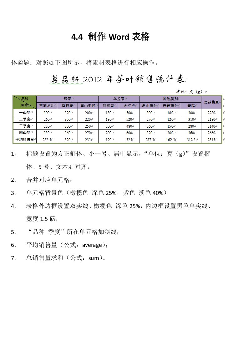 44制作Word表格练习题