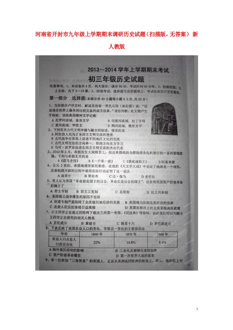 河南省开封市九级历史上学期期末调研试题（扫描版，无答案）