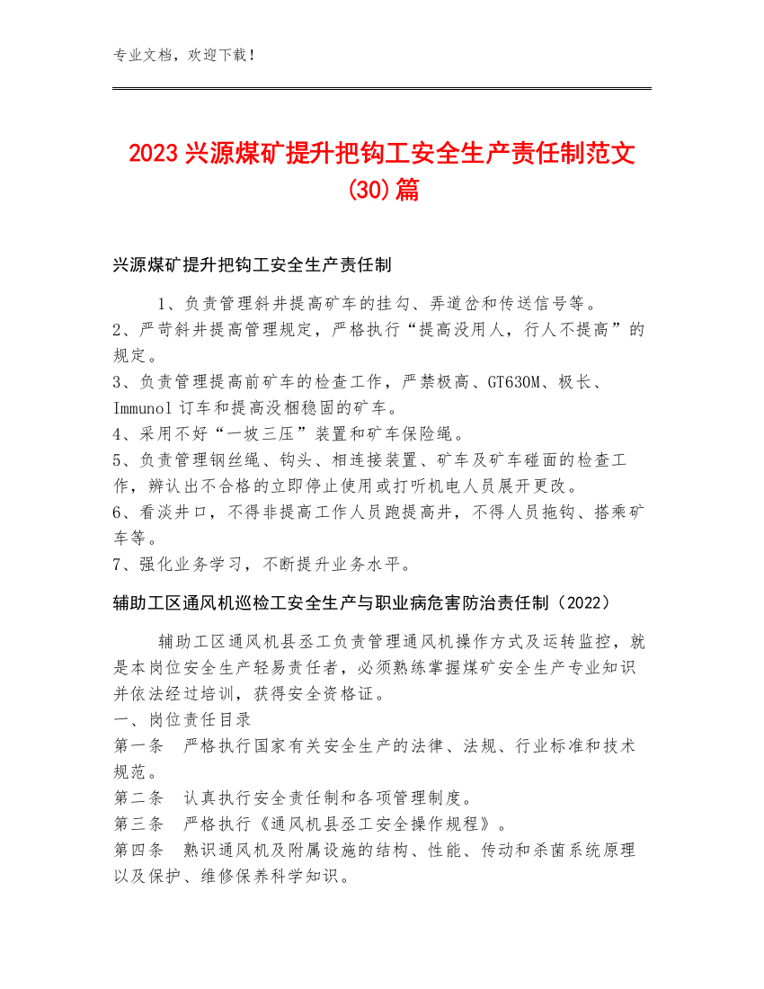 2023兴源煤矿提升把钩工安全生产责任制范文(30)篇