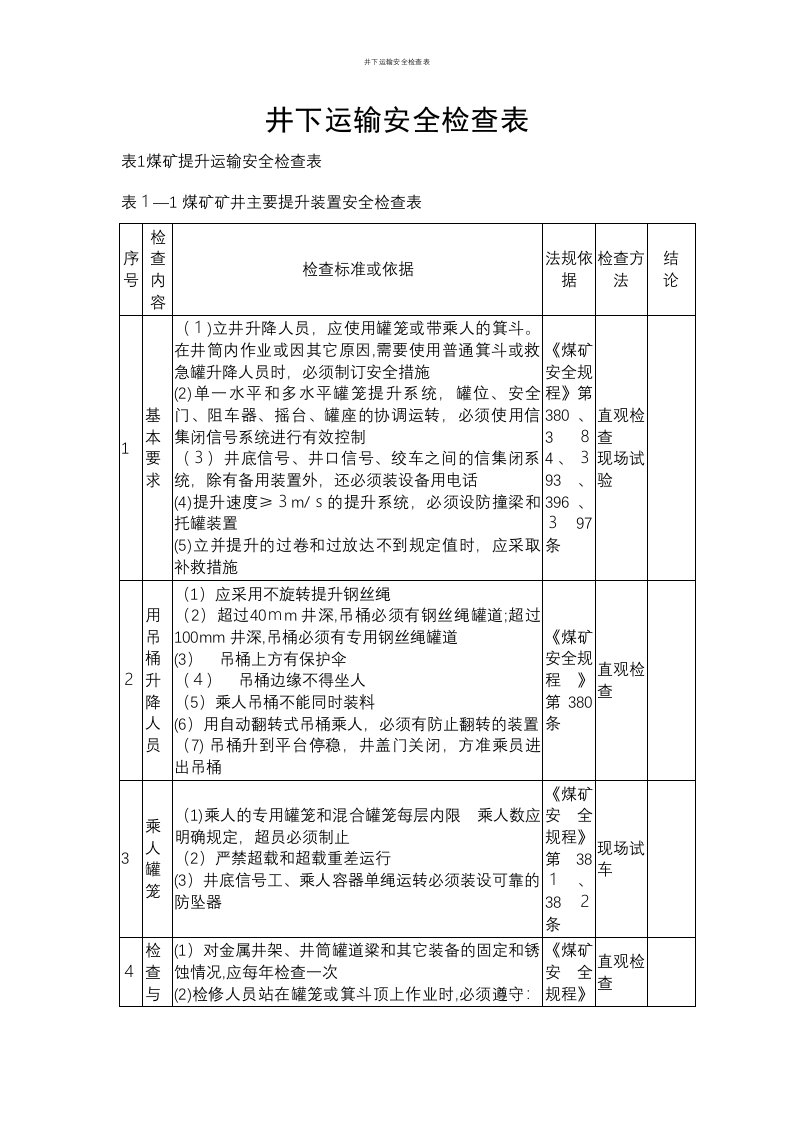 井下运输安全检查表