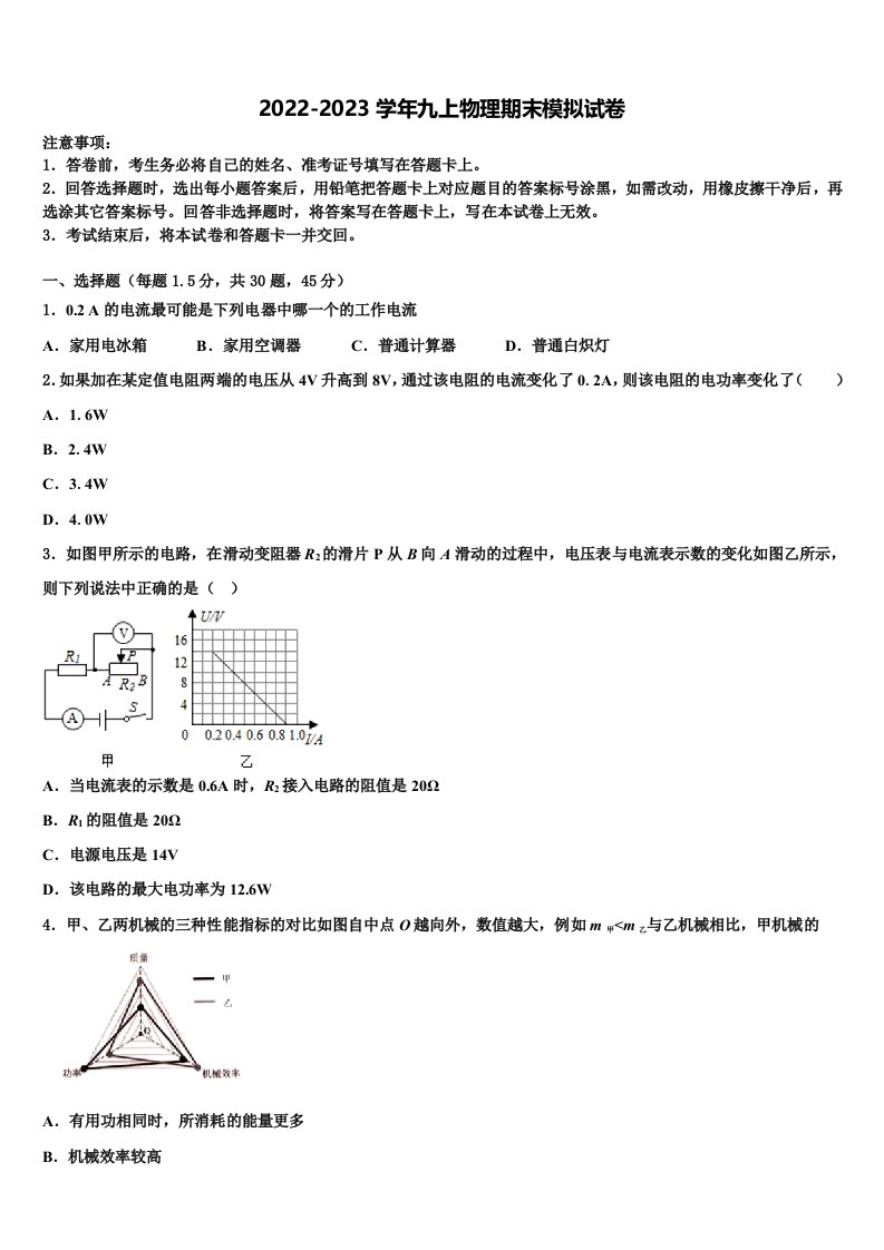 2022年山东省潍坊市诸城龙源学校九年级物理第一学期期末检测模拟试题含解析