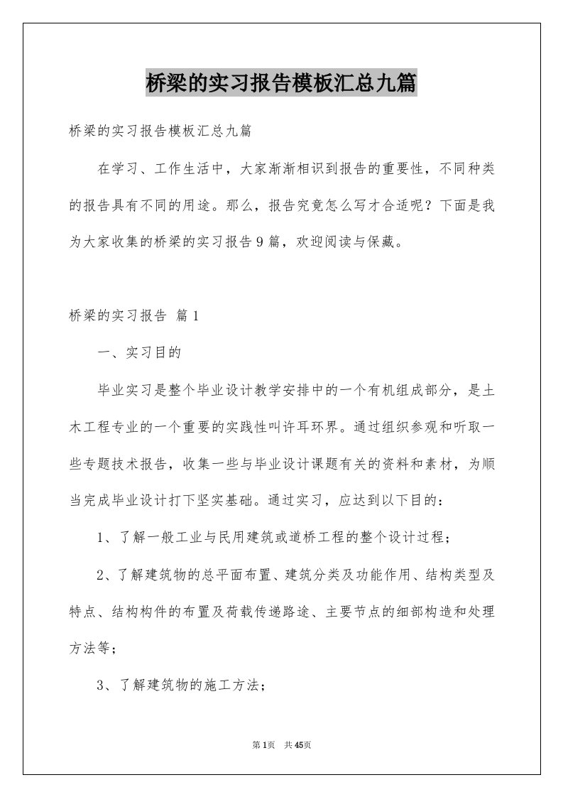 桥梁的实习报告模板汇总九篇