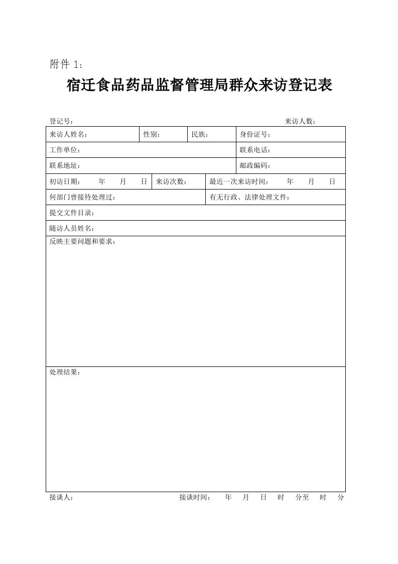 医疗行业-宿迁食品药品监督管理局群众来访登记表