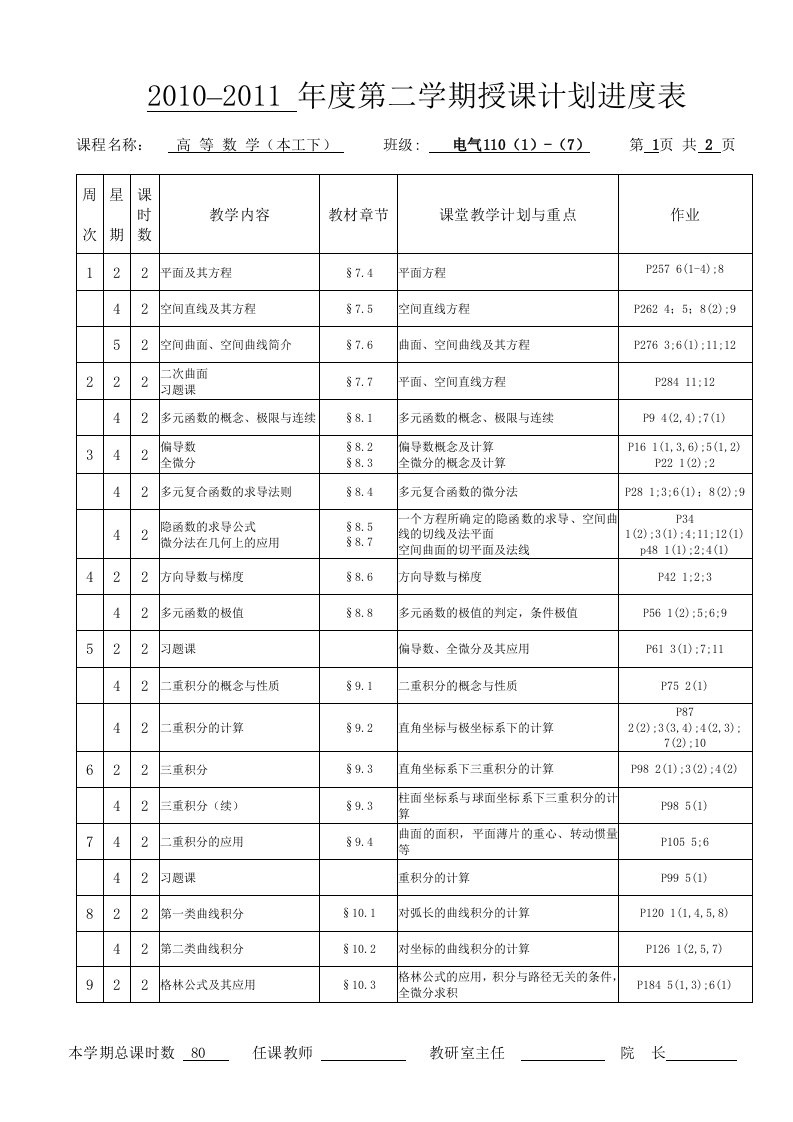 高等数学本工(下)进度表80学时