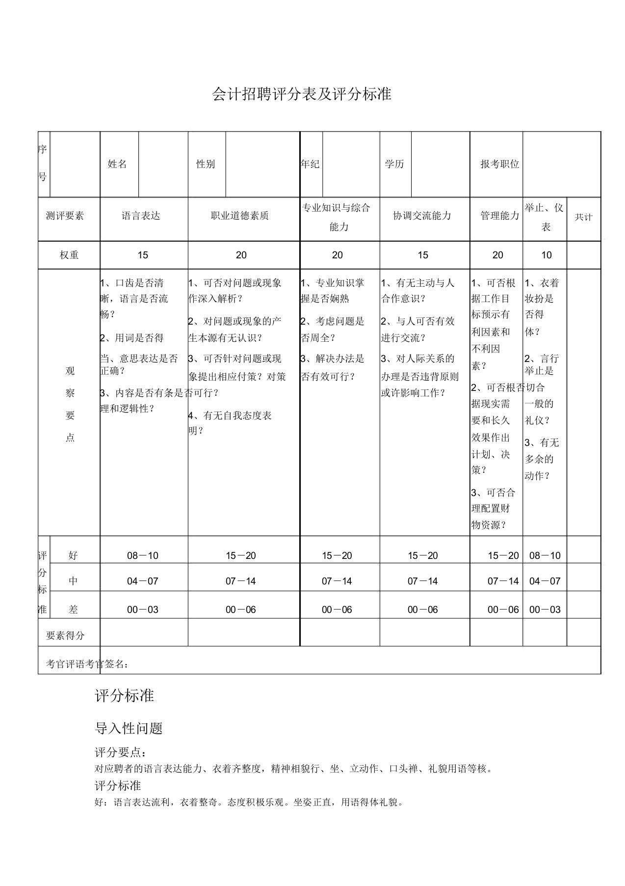 会计面试评分表实用