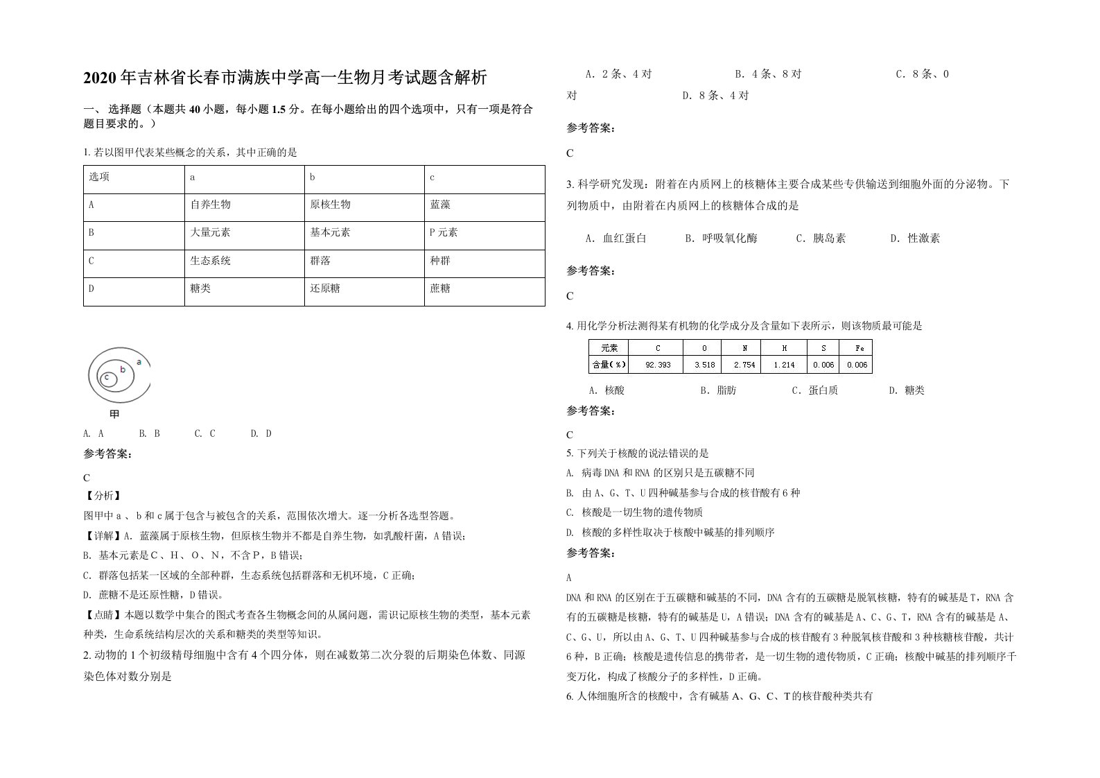 2020年吉林省长春市满族中学高一生物月考试题含解析