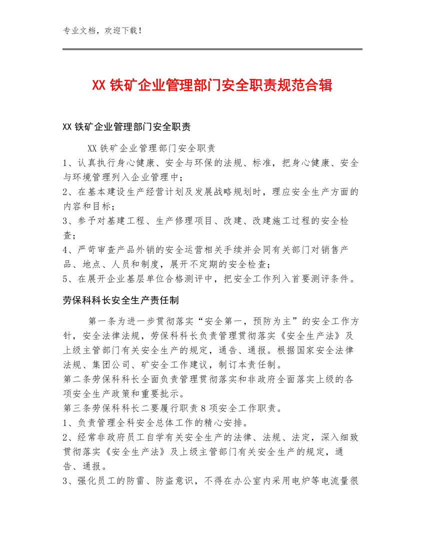 XX铁矿企业管理部门安全职责规范合辑