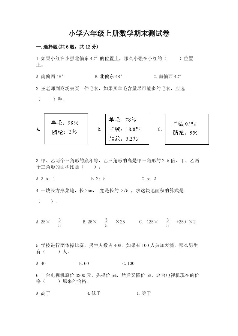 小学六年级上册数学期末测试卷【学生专用】2