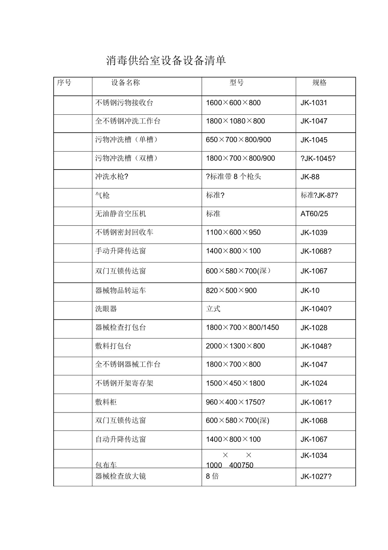 消毒供应室设备设施清单