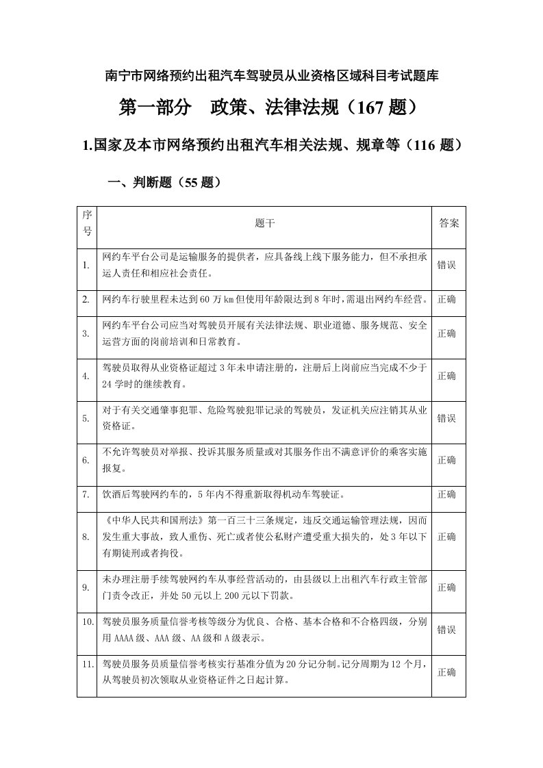 南宁市网络预约出租汽车驾驶员从业资格区域科目考试题库