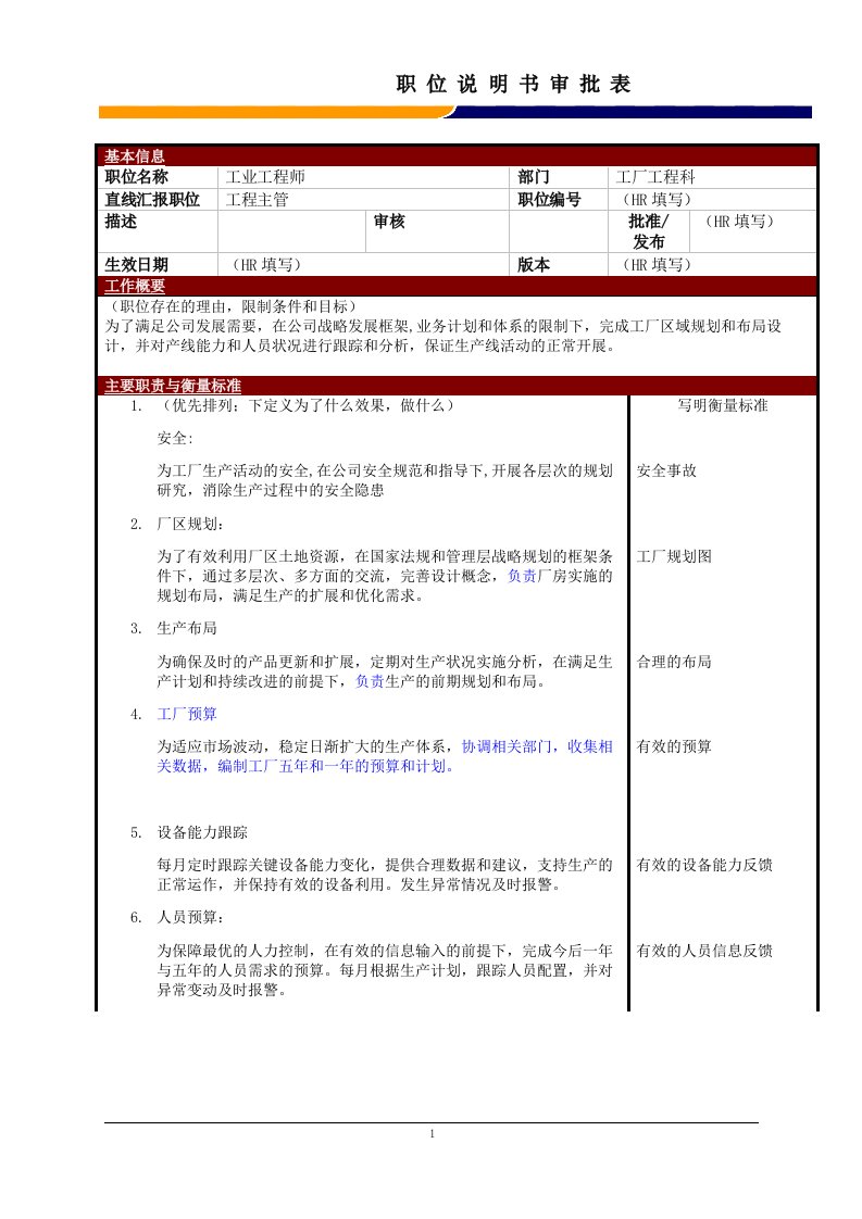 某大型电子公司制造部工业工程师职位说明书