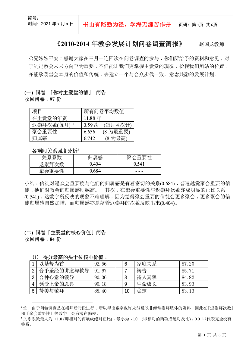 教会发展计划问卷调查简报