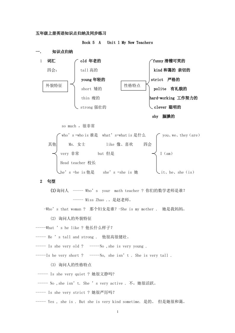 新人教版五年级上册英语知识点归纳与同步练习