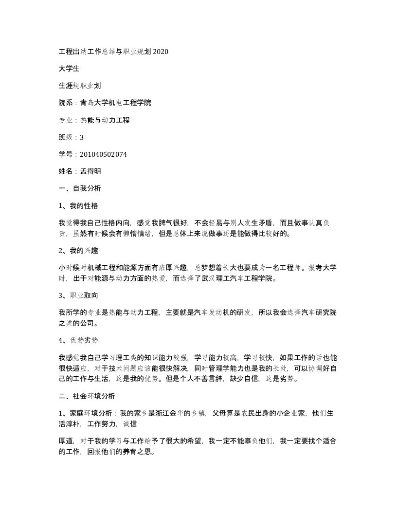 工程出纳工作总结与职业规划2020