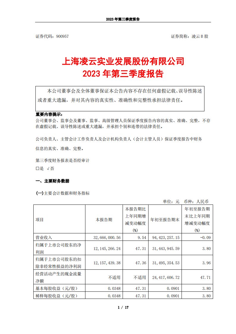 上交所-凌云B股2023年第三季度报告-20231027