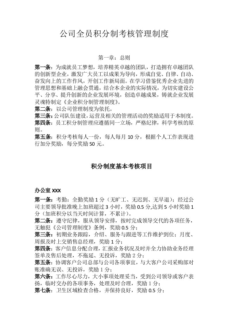 公司全员积分制考核管理制度