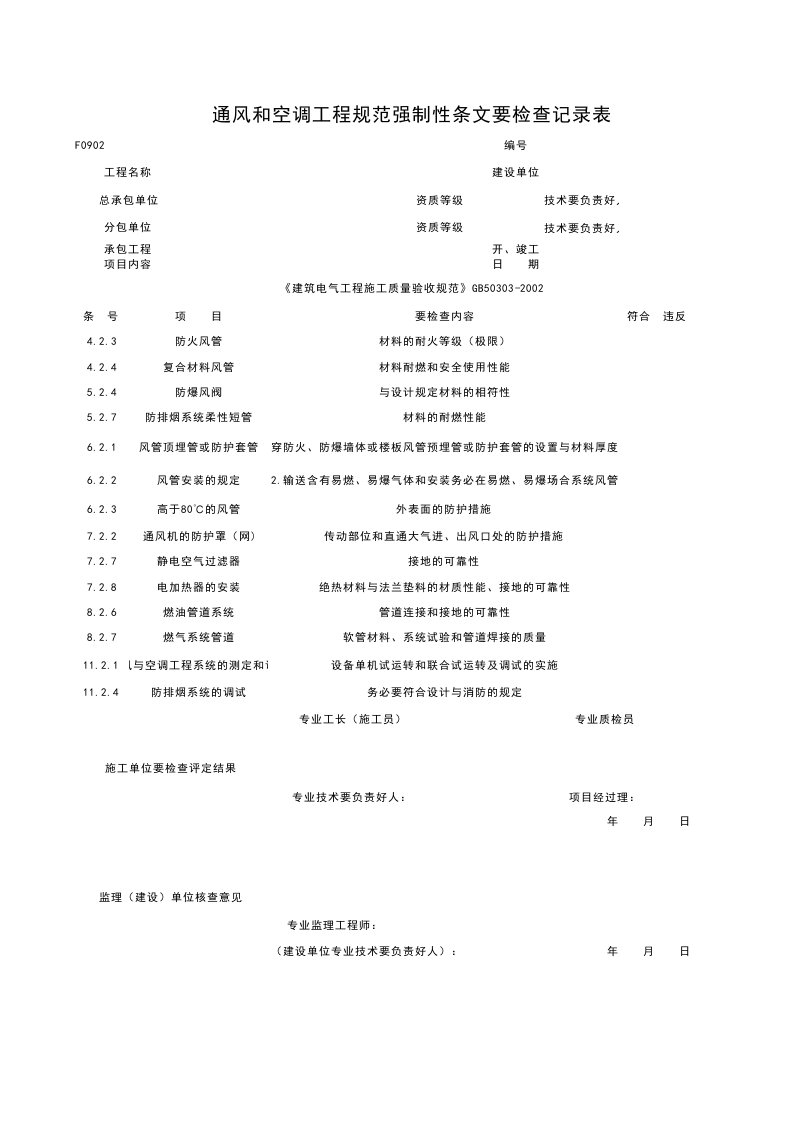 F0902_通风和空调工程规范强制性条检查记录表