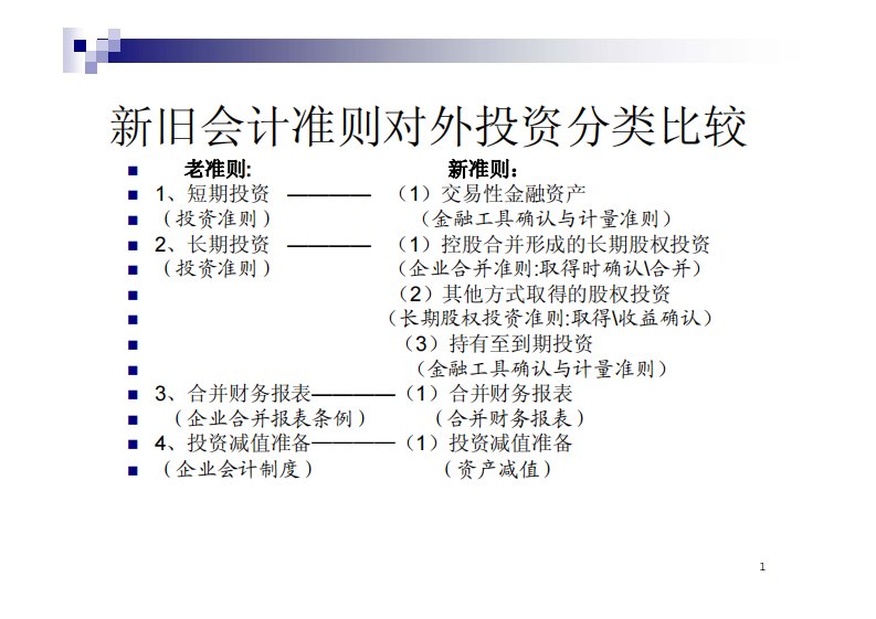 新旧会计准则对外投资分类比较