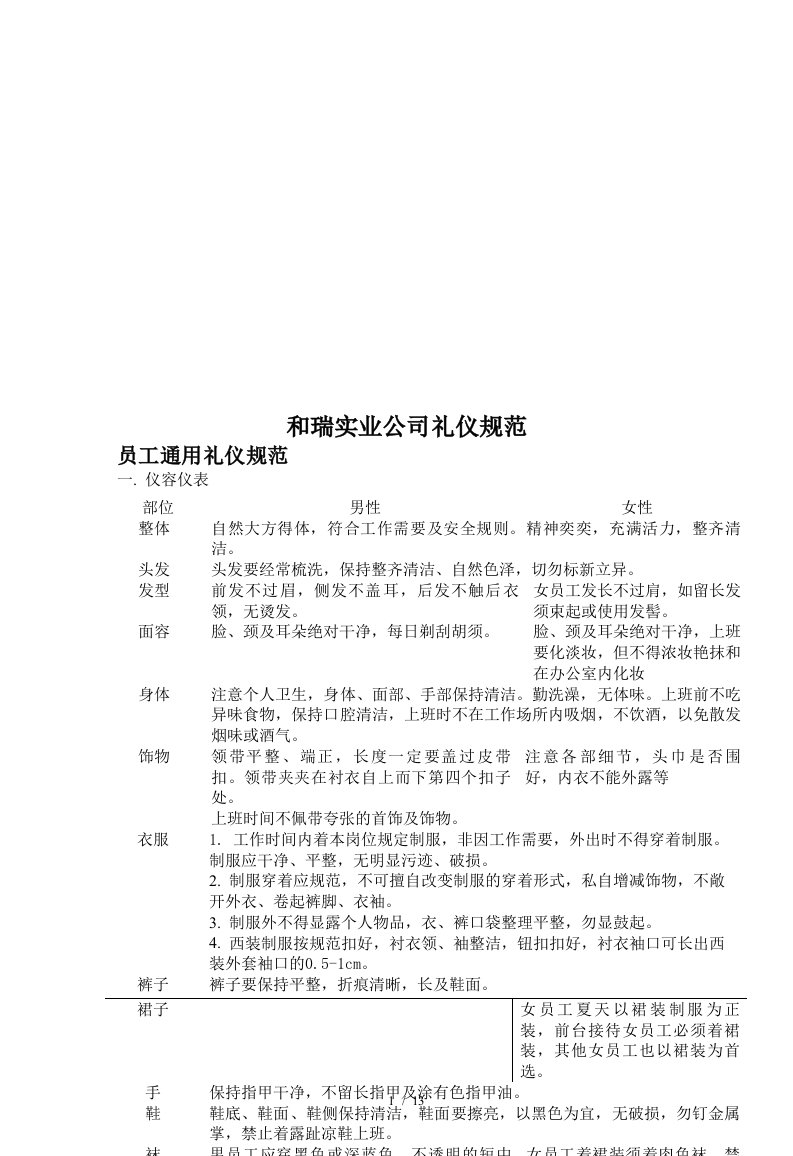 某实业公司礼仪规范之员工通用礼仪规范