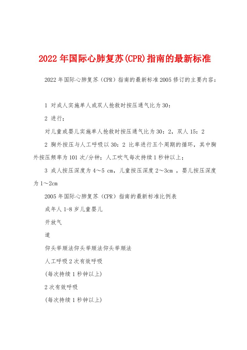 2022年国际心肺复苏(CPR)指南的最新标准