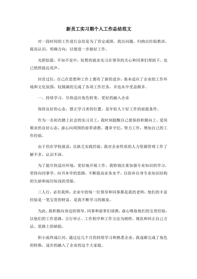 工作总结新员工实习期个人工作总结范文