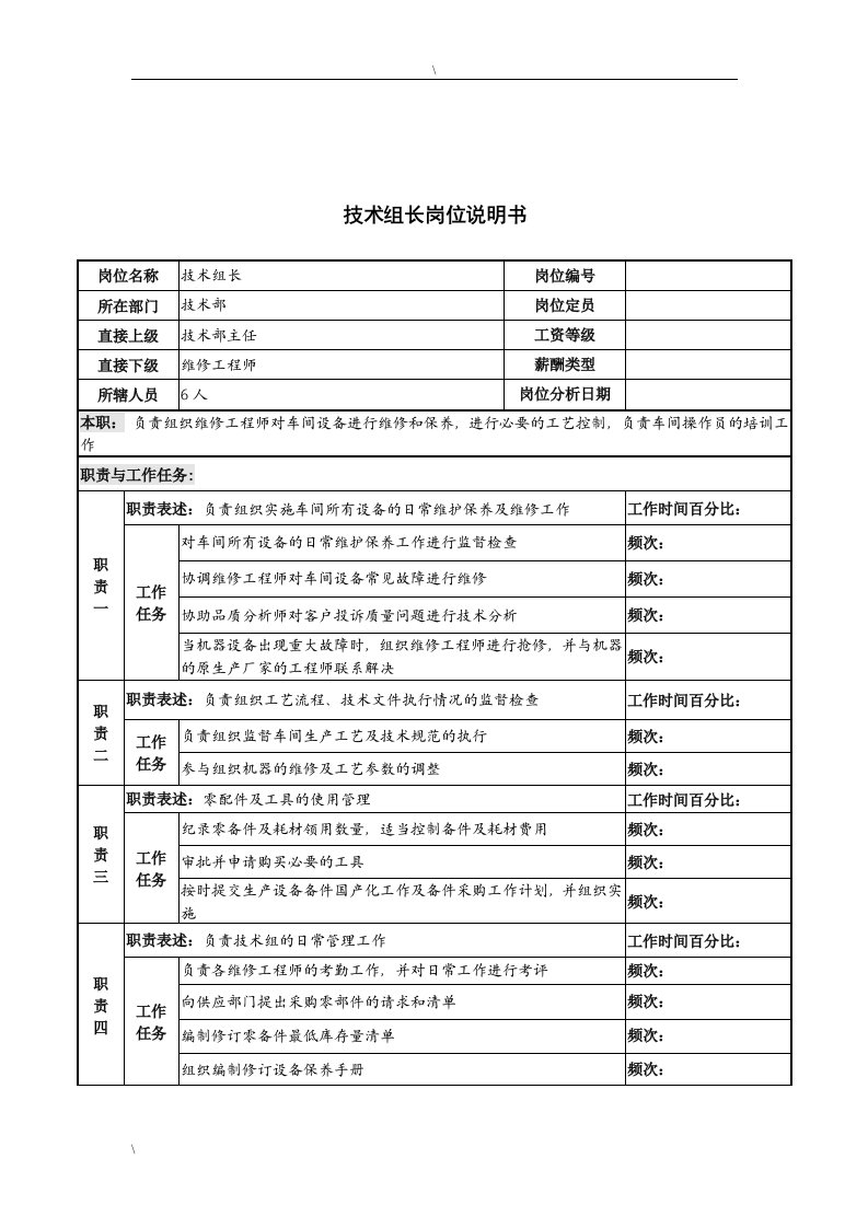 河北纪元光电公司技术部技术组长岗位说明书