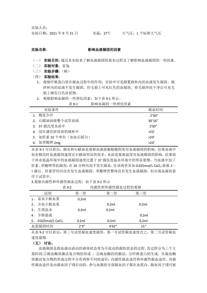 生理学影响血液凝固因素的实验报告模板