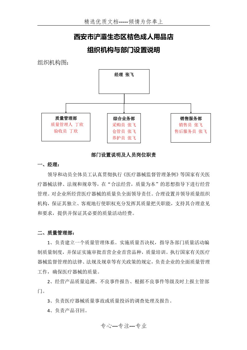 第二类医疗器械组织机构与部门设置说明(共4页)