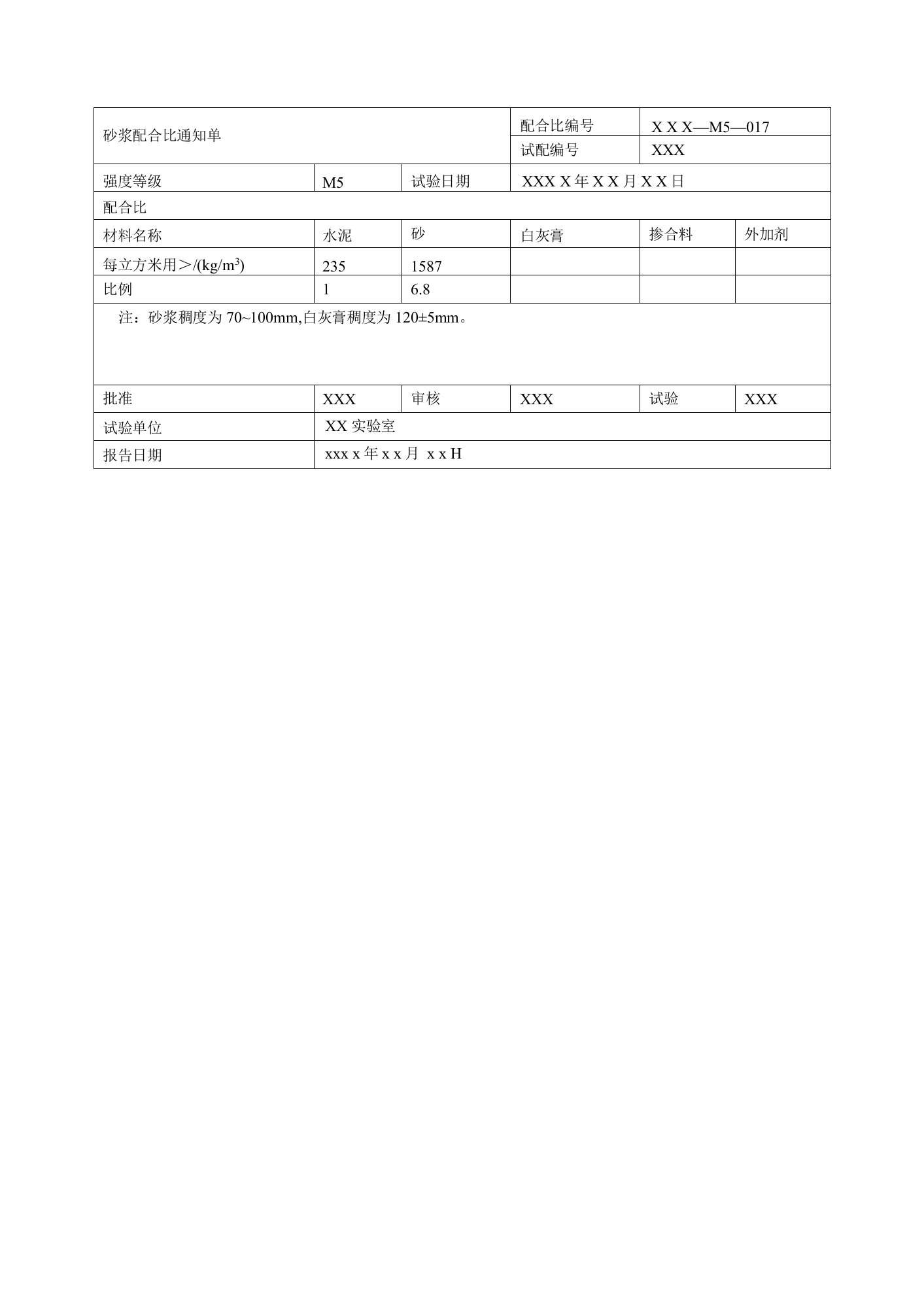 砂浆配合比通知单