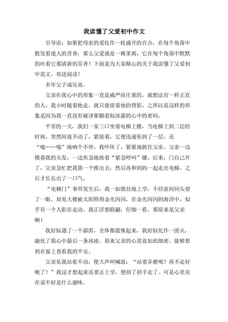 我读懂了父爱初中作文