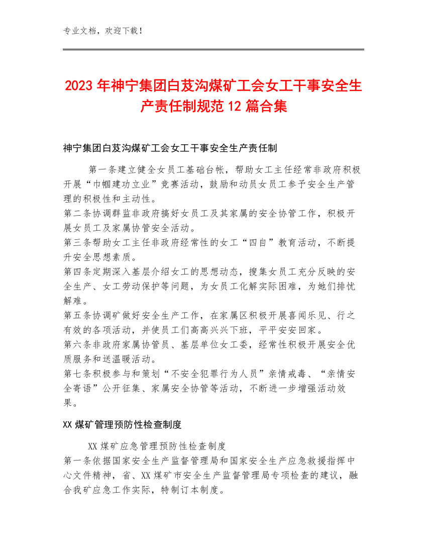 2023年神宁集团白芨沟煤矿工会女工干事安全生产责任制规范12篇合集