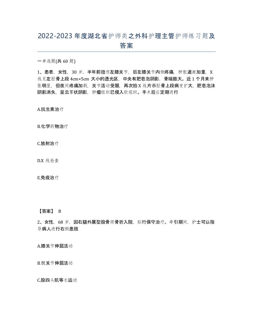 2022-2023年度湖北省护师类之外科护理主管护师练习题及答案