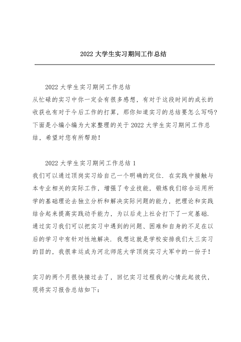 2022大学生实习期间工作总结