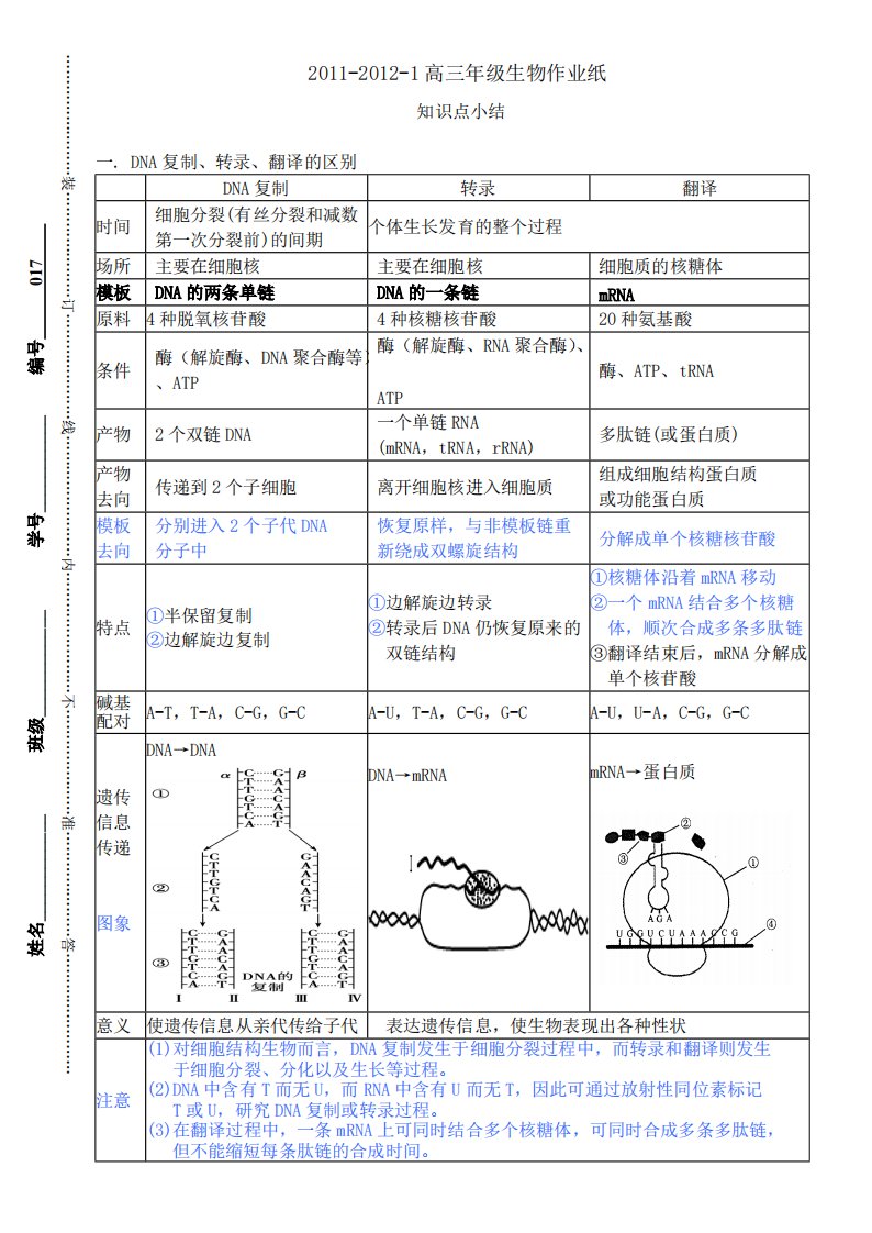 DNA复制转录翻译的区别知识点小结