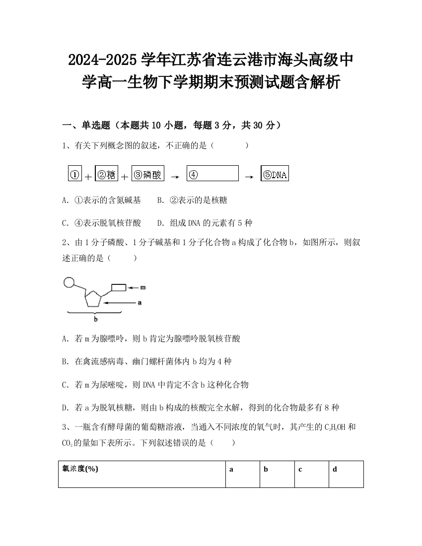 2024-2025学年江苏省连云港市海头高级中学高一生物下学期期末预测试题含解析