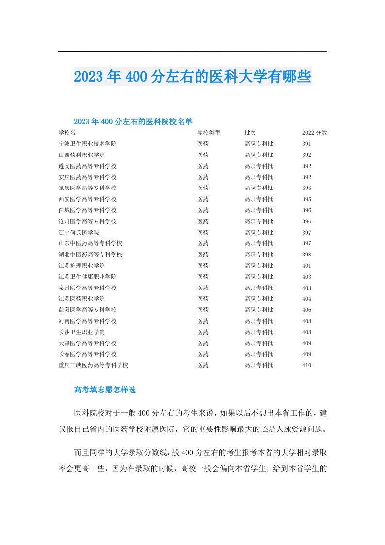 400分左右的医科大学有哪些